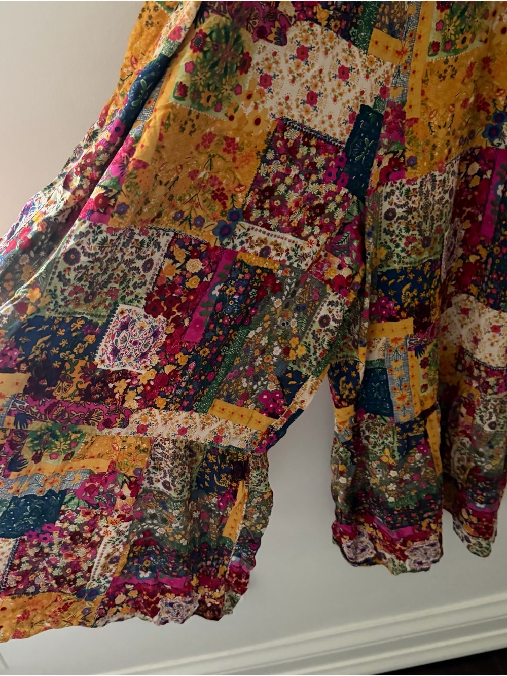 Natural Life Wide Leg Jumpsuit Patchwork Overalls Yellow Pink Size Small Boho - Picture 12 of 12
